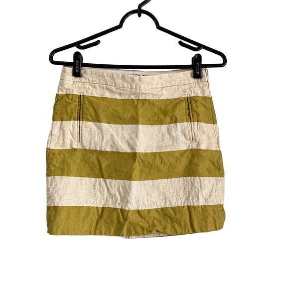 J Crew Beige Chartreuse Striped Linen Blend Mini Skirt Size 0 - Picture 1 of 5